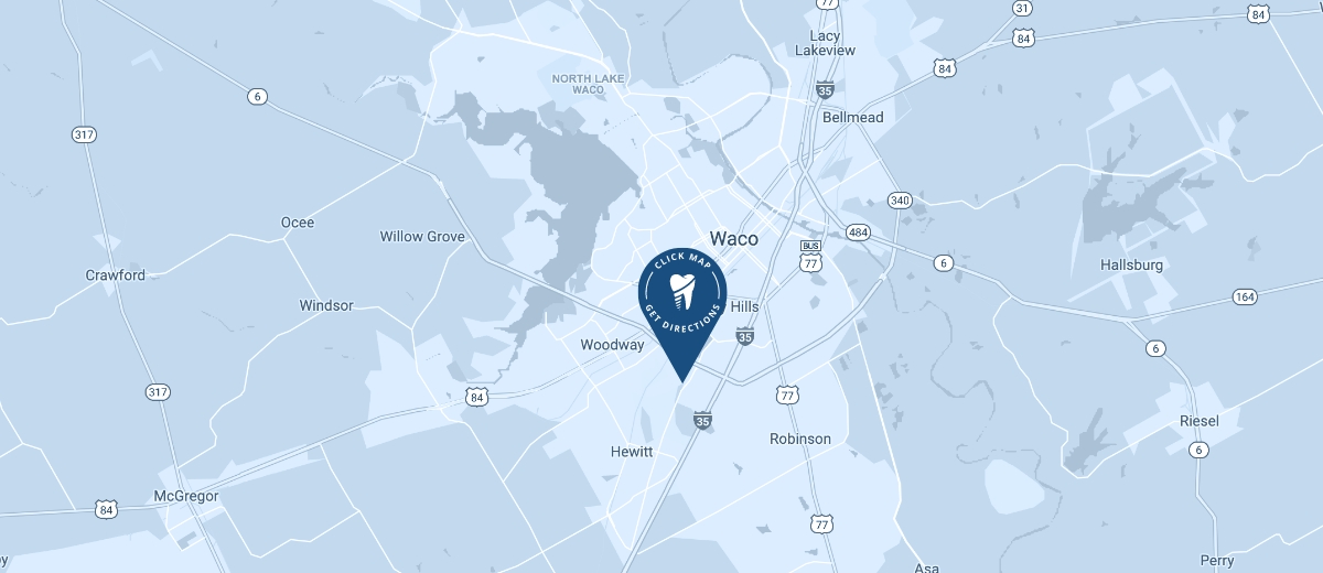 Map showing The Denture Gallery location in Waco, Texas